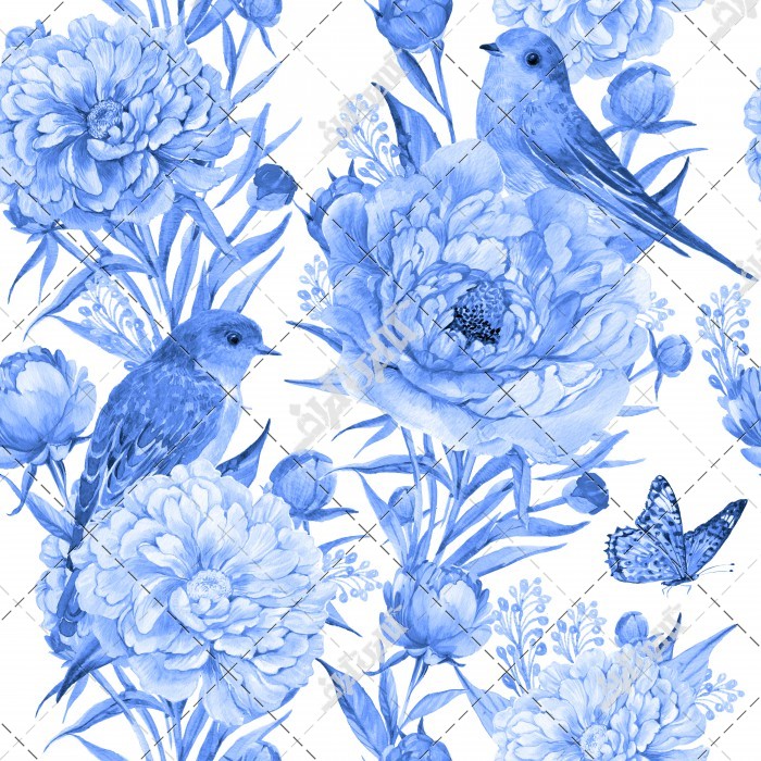 نقاشی سه بعدی باغ و طوطی با تم آبی