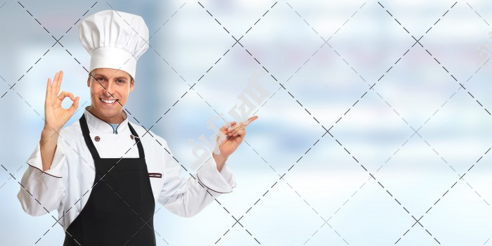 عکس سرآشپز با انگشت اشاره تبلیغات رستوران