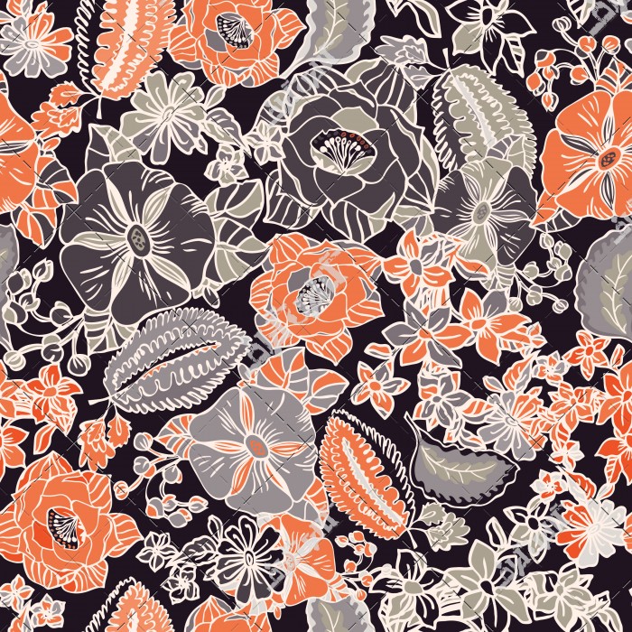 وکتور پوستر سیاه با گل های نارنجی و طوسی روسری
