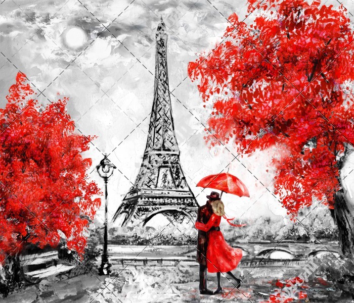 نقاشی عاشقانه برج ایفل و چتر و درختان قرمز