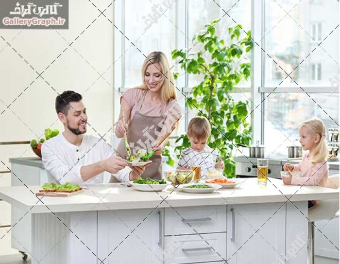 تصویر باکیفیت میز نهار، جمع خانوادگی، غذای گیاهی