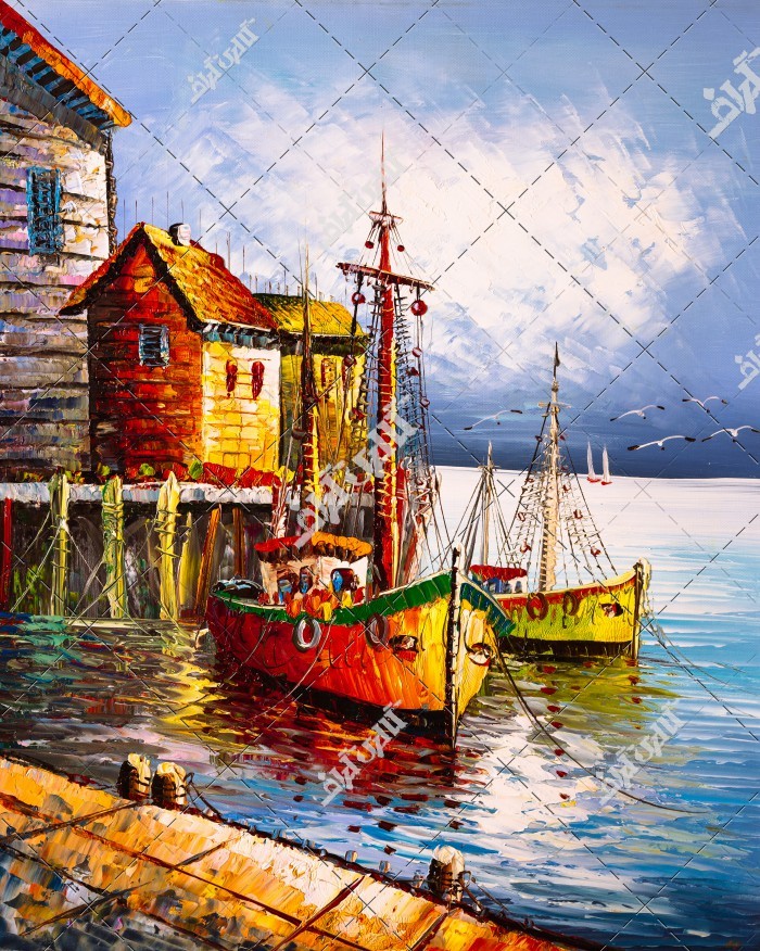تصویر تابلو نقاشی خانه چوبی  و قایق دریا
