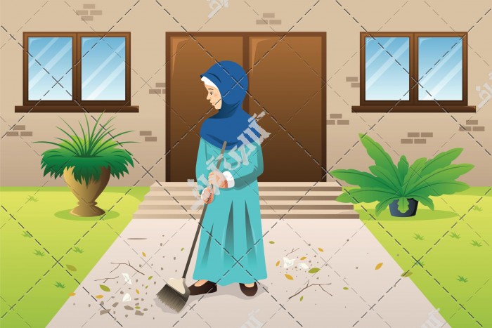 وکتور زن خانه در حال جارو زدن حیاط خانه