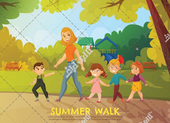 وکتور پیاده روی مادر و کودکان در تابستان