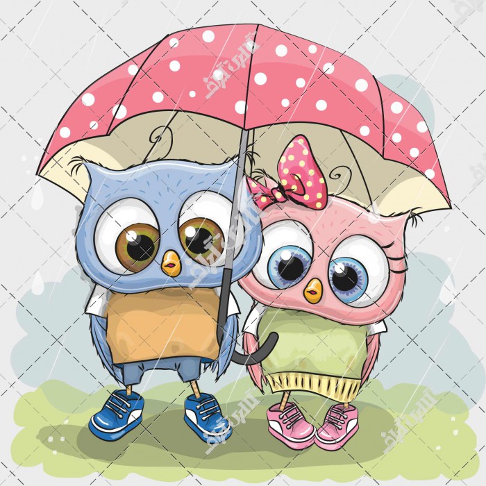 وکتور جغد پسر و دختر زیر باران با چتر قررمز