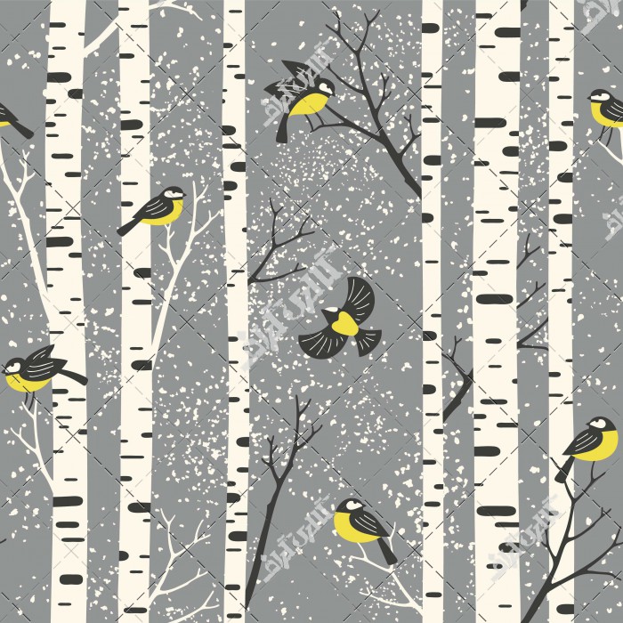 وکتور کاغذ دیواری درختان توس و پرندگان در زمینه خاکستری