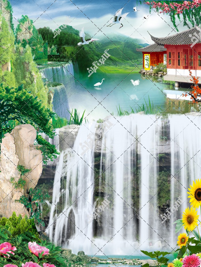 عکس چشم انداز آبشاره و خانه های چینی رودخانه طبیعت
