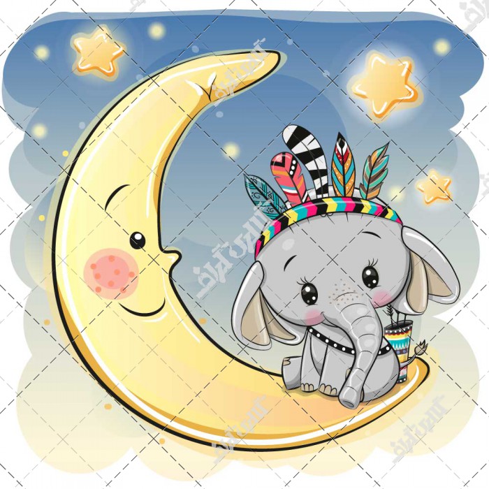 وکتور فیل کارتونی نشسته روی ماه طلایی