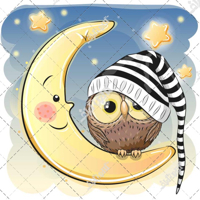 پوستر جغد کارتونی خوابالو و ماه طلایی