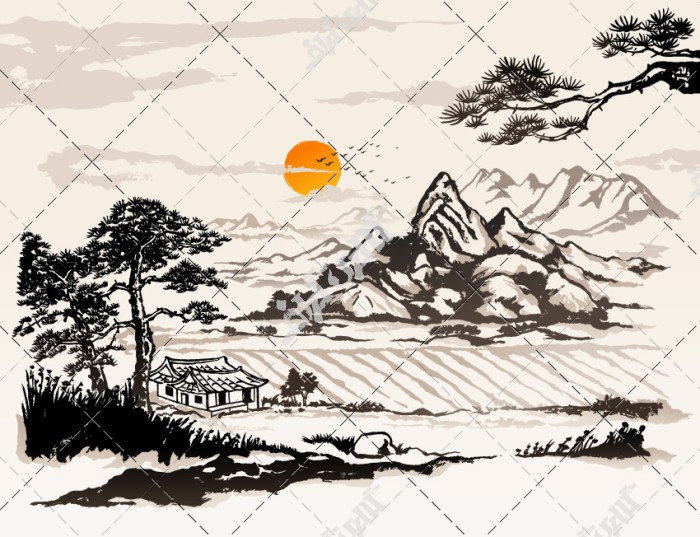 نقاشی مزرعه و کوهستان غروب خورشید
