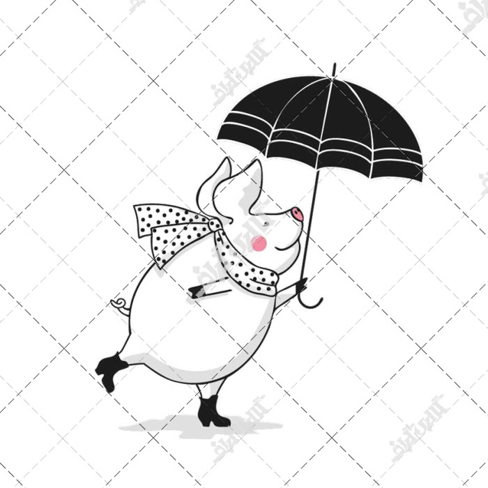 خوک بامزه کارتونی با چتر سیاه در حال دویدن زیر باران