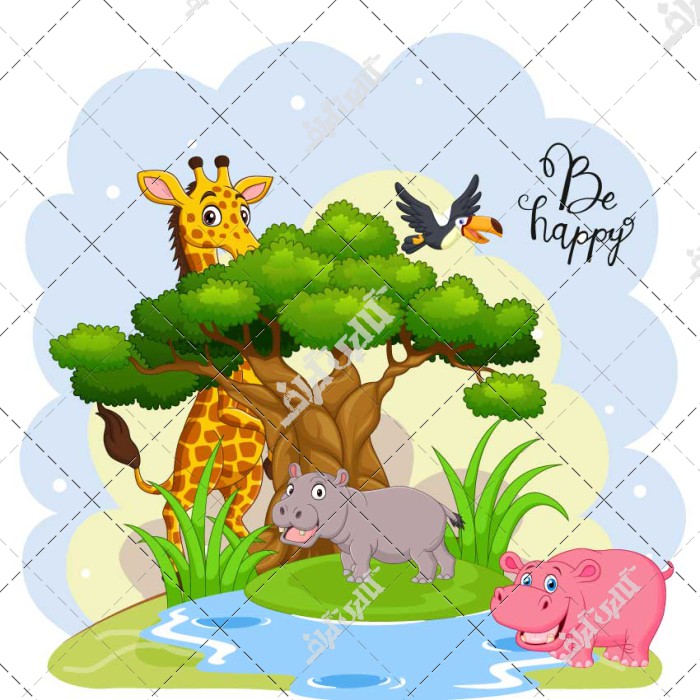 پوستر کارتونی حیواتات جنگل در برکه آب