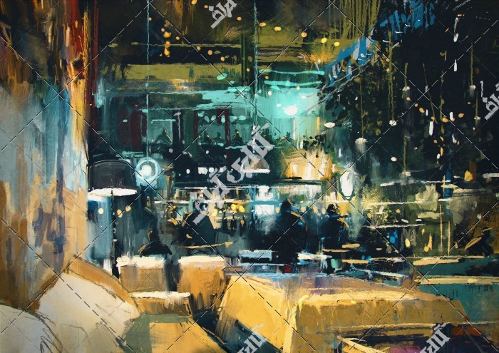 تصویر باکیفیت نقاشی نمای یک رستوران در شب