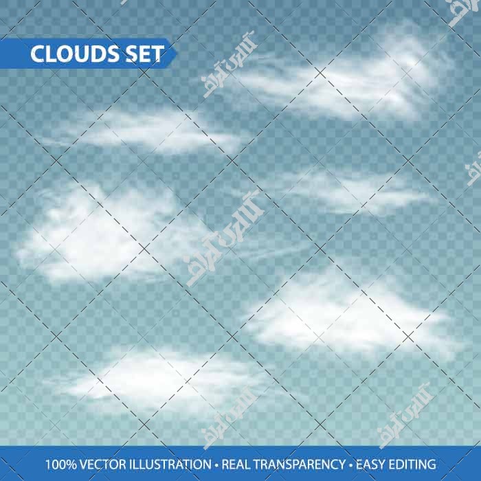 طرح وکتوری مجموعه ابرهای شفاف در پس زمینه آبی