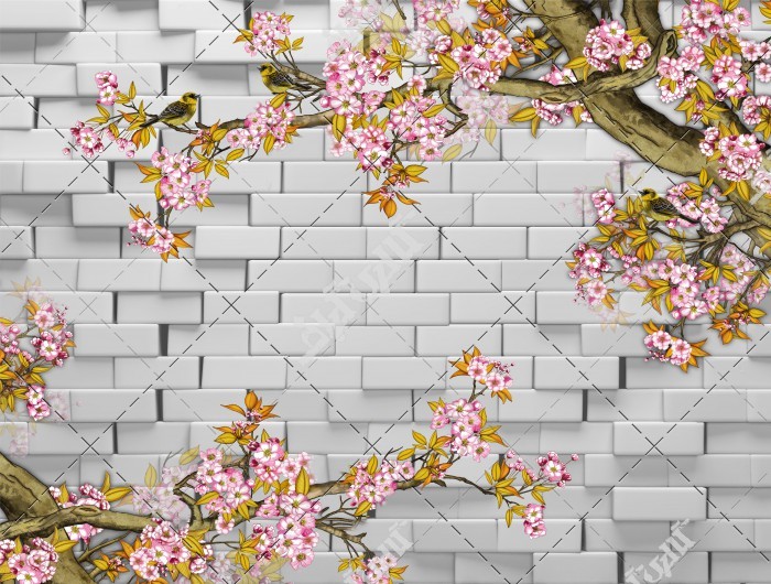 دانلود تصویر با کیفیت طرح دیوار با شاخه های درخت و شکوفه های صورتی