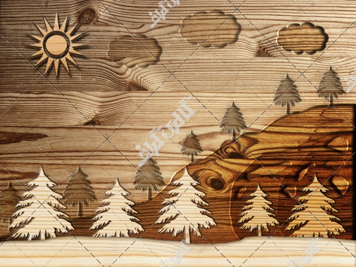 دانلود تصویر با کیفیت پوستر سه بعدی با طرح انیمیشن جنگل در بک گراند چوبی