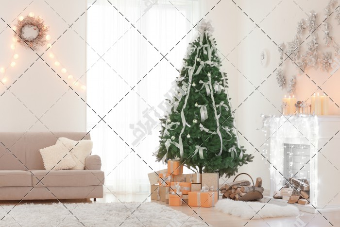 دانلود تصویر با کیفیت درخت کریسمس و کادو در اتاق پذیرایی