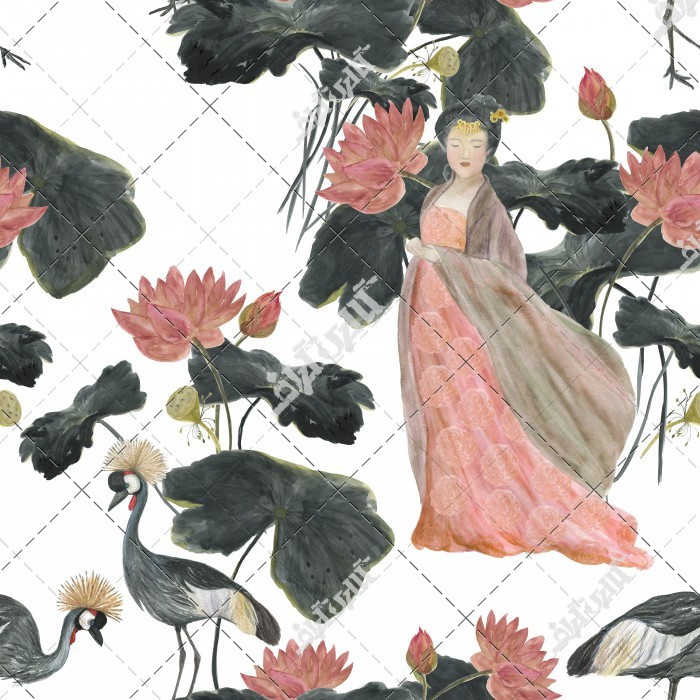 نقاشی زن چینی با طاووس